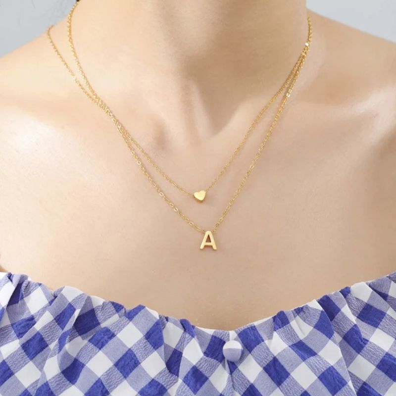 Collier double avec pendentif cœur et initiale personnalisée
