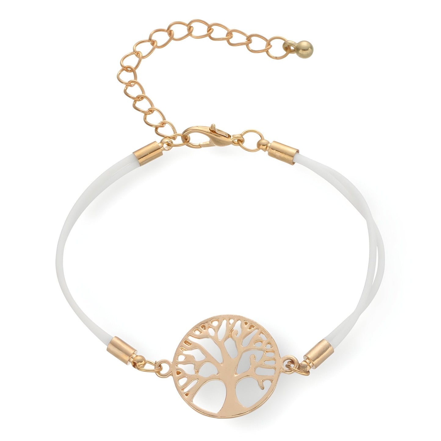 Bracelet cordon blanc avec pendentif arbre de vie en métal doré et chaîne ajustable.