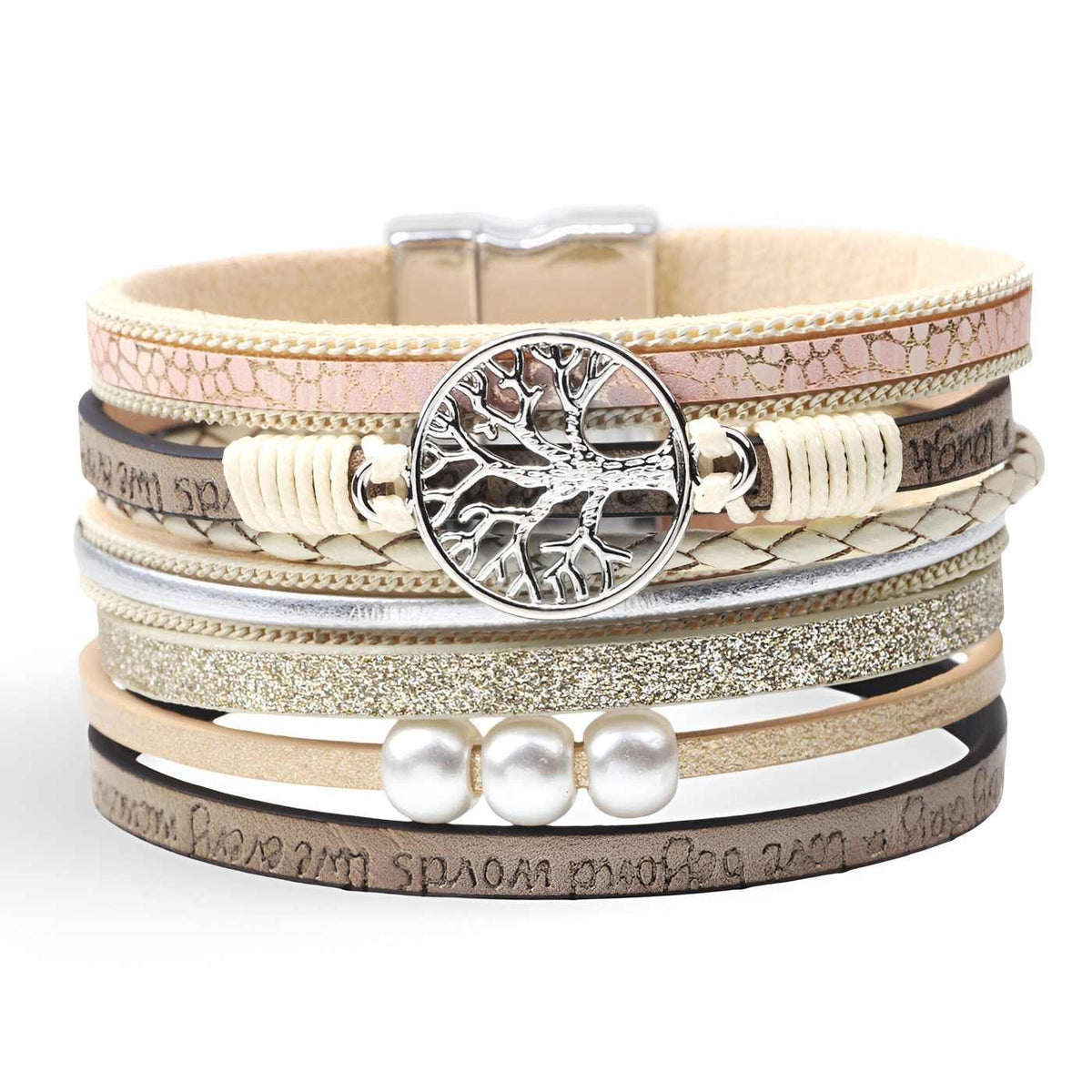 Bracelet multi-rangs en microfibre pour femme, arbre de vie