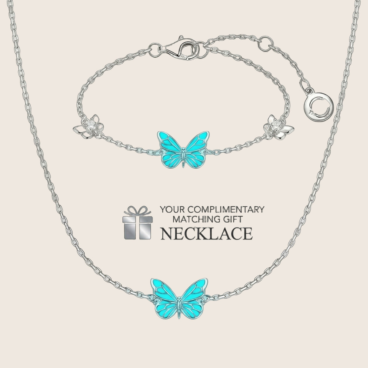 Bracelet + collier papillon phosphorescent, argent sterling 925, chaîne fine réglable, bijou qui brille dans le noir, éclat nocturne captivant, modèle Papirusa — photo 1
