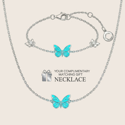 Bracelet + collier papillon phosphorescent, argent sterling 925, chaîne fine réglable, bijou qui brille dans le noir, éclat nocturne captivant, modèle Papirusa — photo 1