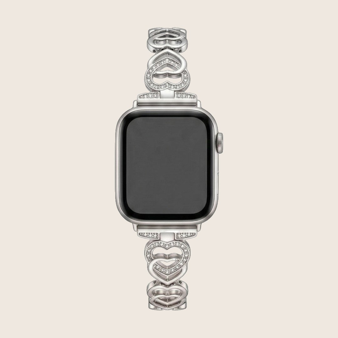 Bracelet Apple Watch à mailles coeur entrelacé en métal, strass scintillants, taille ajustable, modèle Pyrone — photo 1