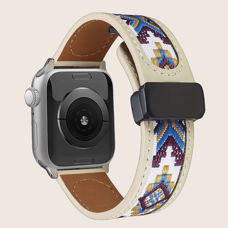 Bracelet a motifs ethniques brodes, fermoir magnetique, pour Apple Watch, modele Tilma — photo 1