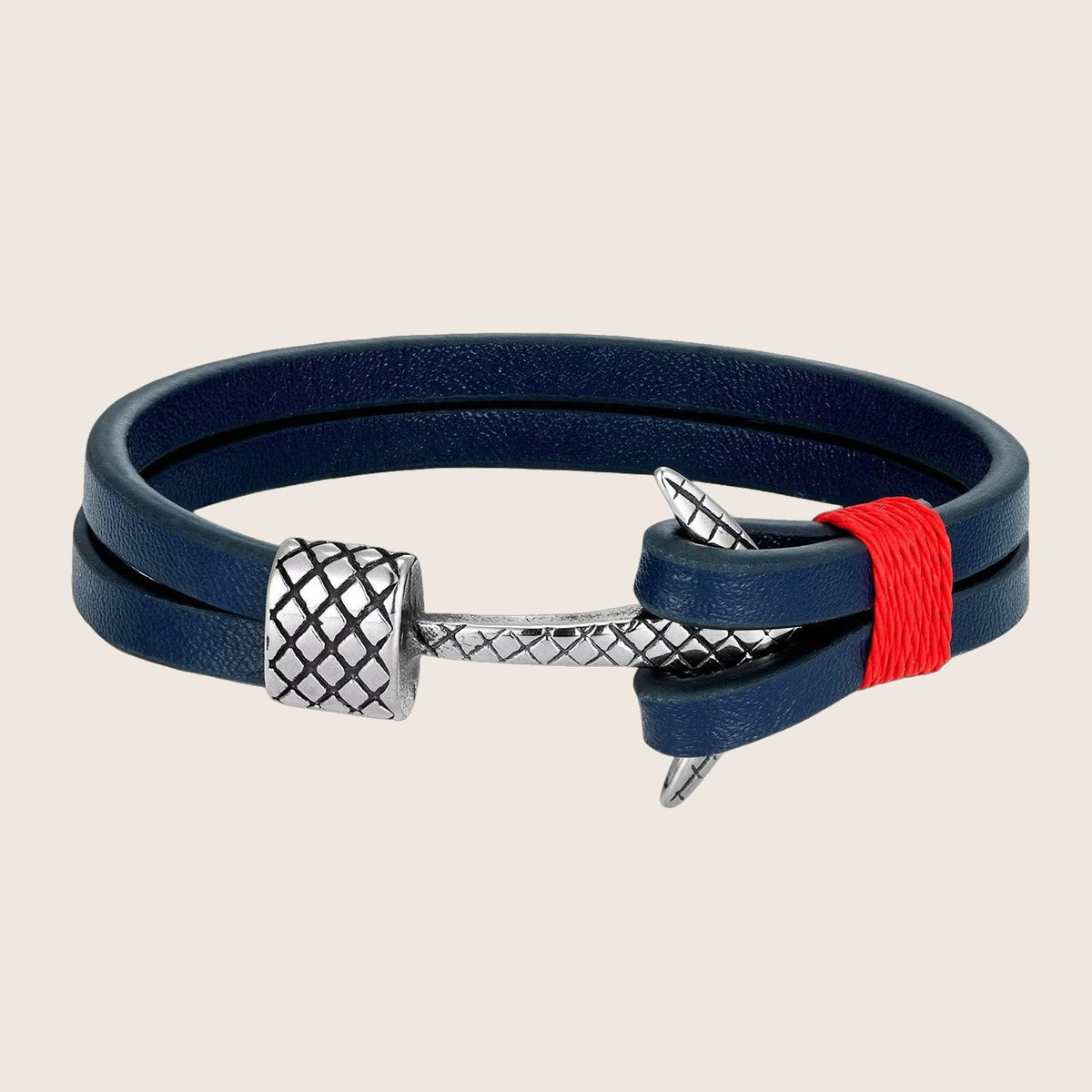 Bracelet ancre homme en croûte de cuir et acier inoxydable, bracelet nautique style marin avec ancre argentée et cordon décoratif, modèle Torin — photo 1