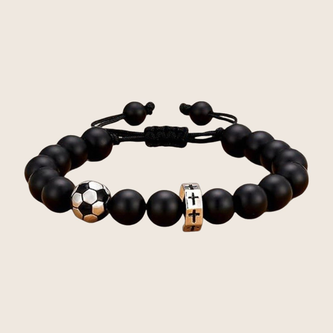 Bracelet a perles noires, charm ballon de sport en acier, cordon reglable, modele Sporta — photo 1