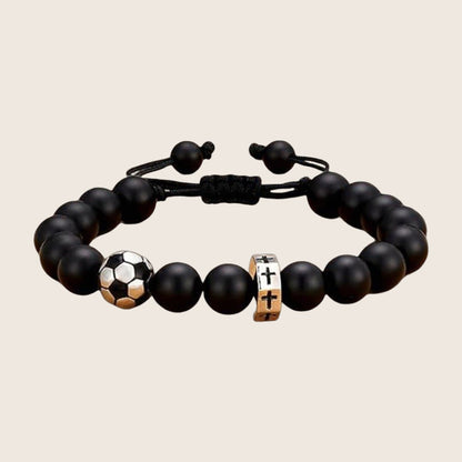 Bracelet a perles noires, charm ballon de sport en acier, cordon reglable, modele Sporta — photo 1