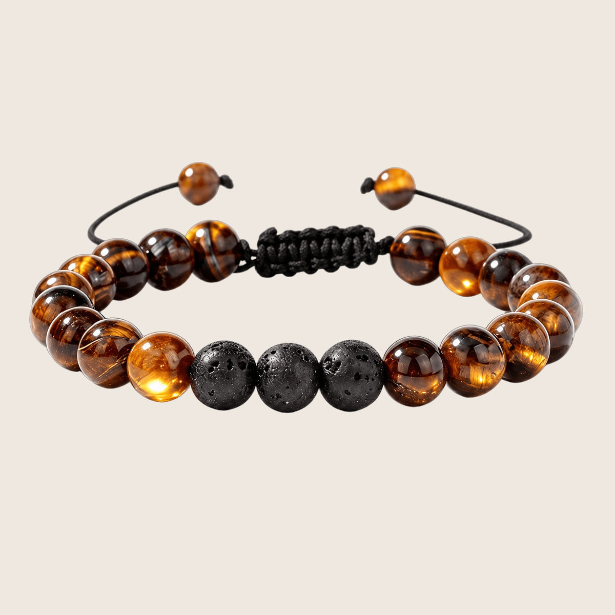 Bracelet ajustable, en pierres d'œil de tigre, et perles de roche volcanique, cordon simple, modèle Trédo — photo 1
