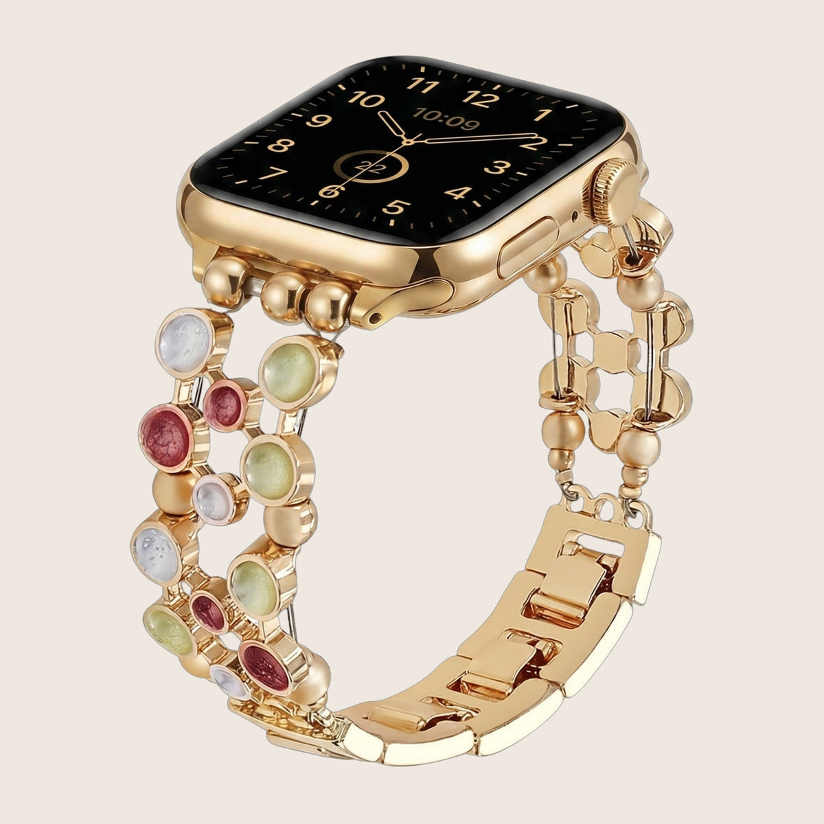 Bracelet Apple Watch a maillons dores et cabochons emailles multicolores, pour femme, modele Bestine — photo 1