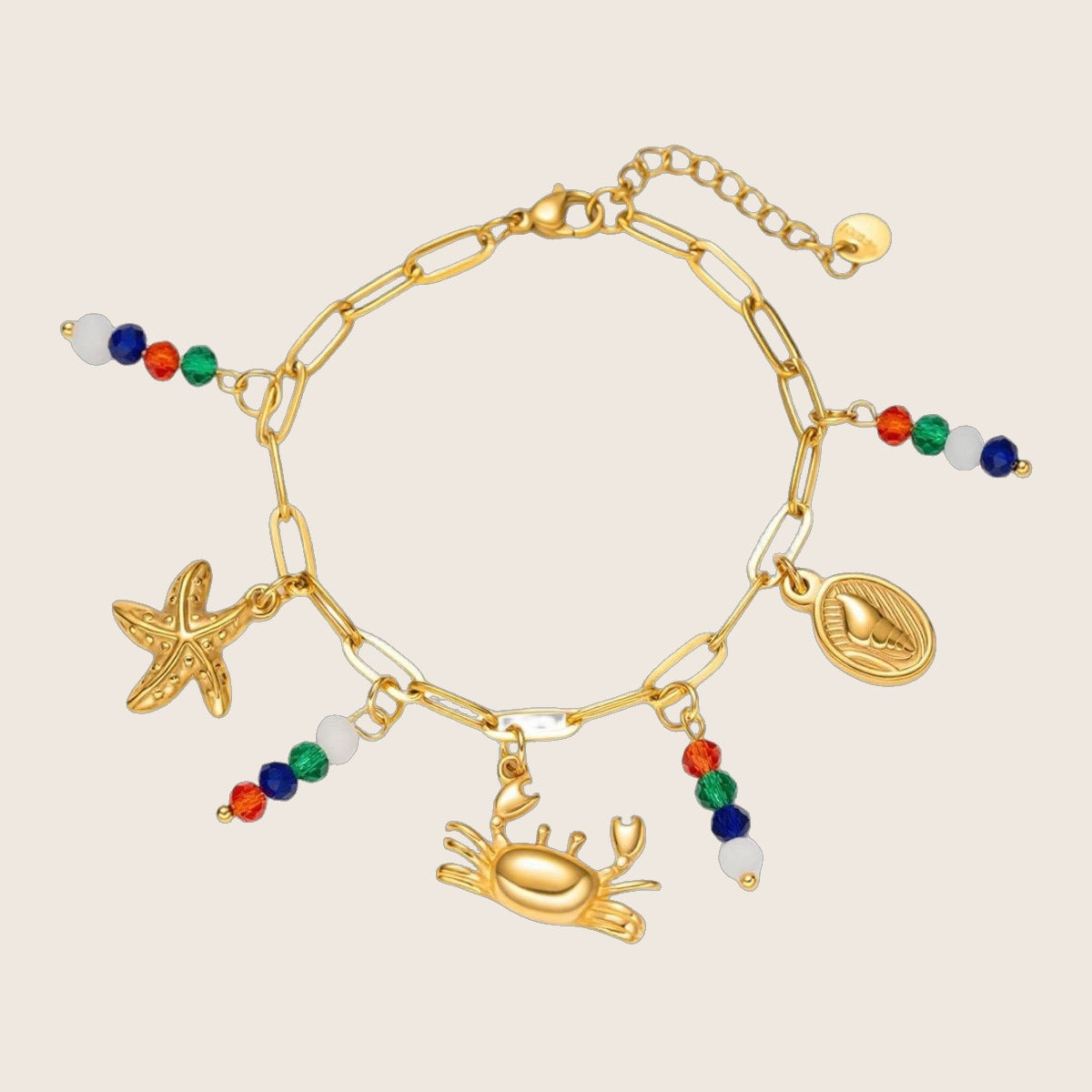 Bracelet à mailles dorées, charms marins et perles colorées, bijou d'été ajustable, modèle Toila — photo 1