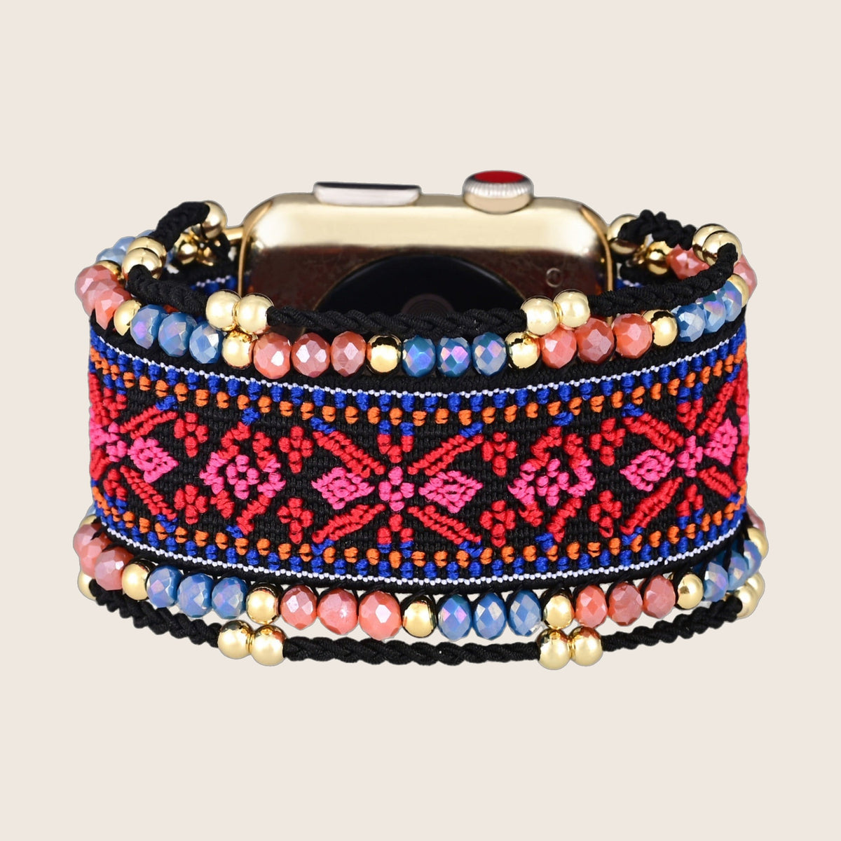 Bracelet Apple Watch bohème, tissage ethnique et perles facettées, pour femme, modèle Ozara — photo 1