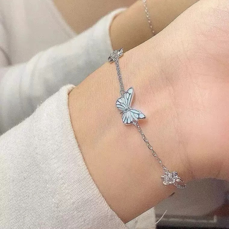 Bracelet + collier papillon phosphorescent, argent sterling 925, chaîne fine réglable, bijou qui brille dans le noir, éclat nocturne captivant, modèle Papirusa — photo 2