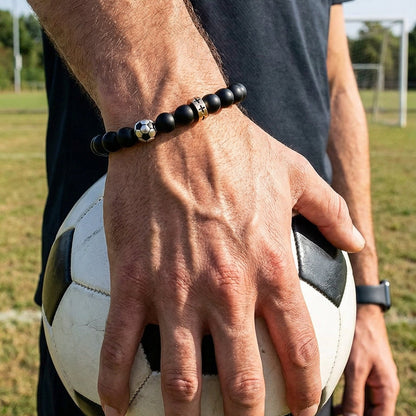 Bracelet a perles noires, charm ballon de sport en acier, cordon reglable, modele Sporta — photo 2