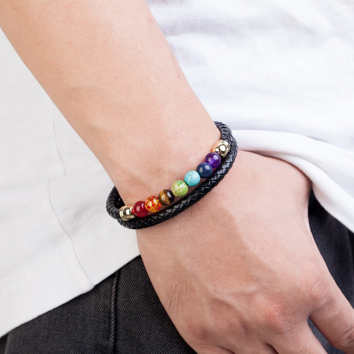 Bracelet 7 chakras, double cordon tressé, pierres multicolores, pour homme, modèle Taka — photo 2