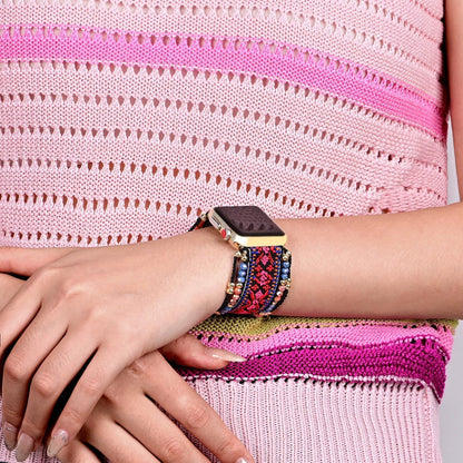 Bracelet Apple Watch bohème, tissage ethnique et perles facettées, pour femme, modèle Ozara — photo 2