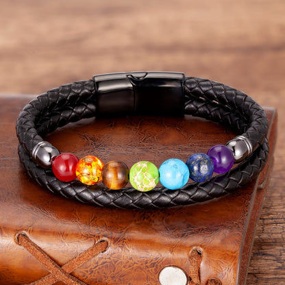 Bracelet 7 chakras, double cordon tressé, pierres multicolores, pour homme, modèle Taka — photo 3