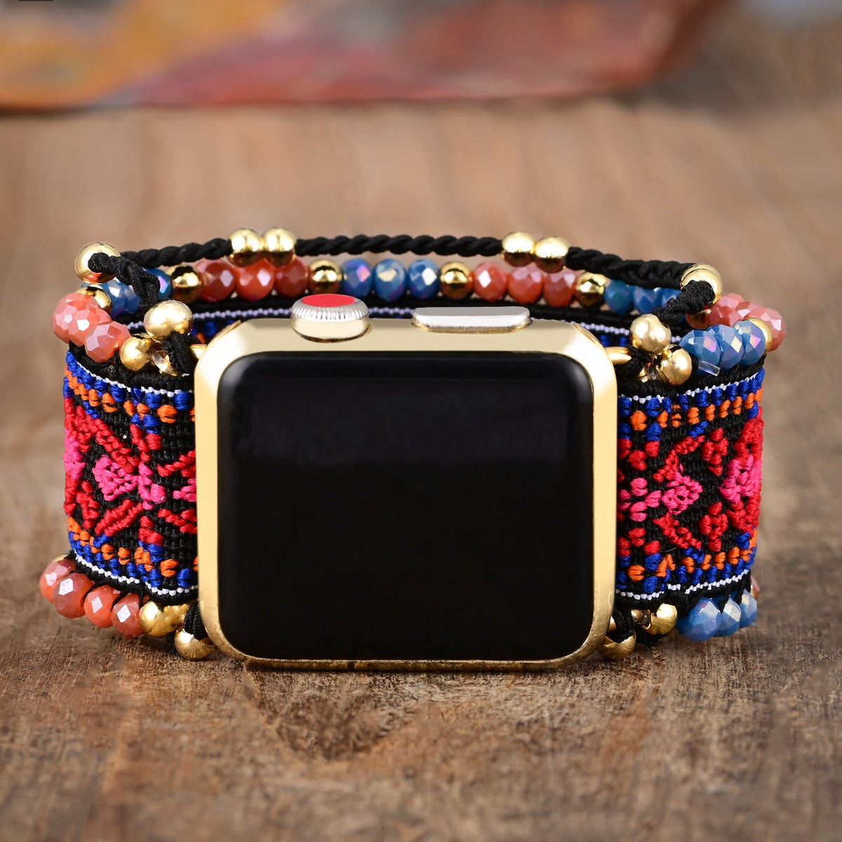 Bracelet Apple Watch bohème, tissage ethnique et perles facettées, pour femme, modèle Ozara — photo 3
