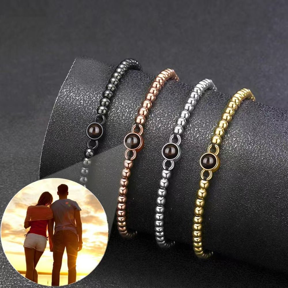 Bracelet à perles métalliques avec projection photo, bracelet personnalisable sur cordon noir, souvenir précieux au poignet, modèle Josue — photo 4