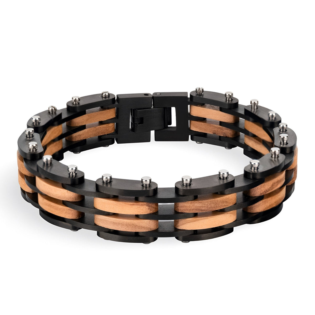 Bracelet à mailles en bois de noyer et acier inoxydable, finition noire, modèle Léon — photo 4