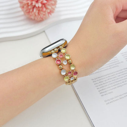 Bracelet Apple Watch a maillons dores et cabochons emailles multicolores, pour femme, modele Bestine — photo 4