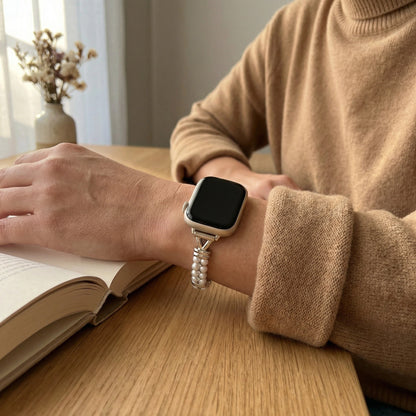 Bracelet Apple Watch à perles et maillons ajourés, finition dorée ou argentée, pour femme, modèle Yizelle — photo 4