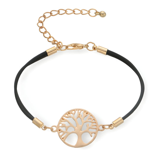 Bracelet cordon noir avec médaille arbre de vie en métal doré et fermoir chaîne ajustable.