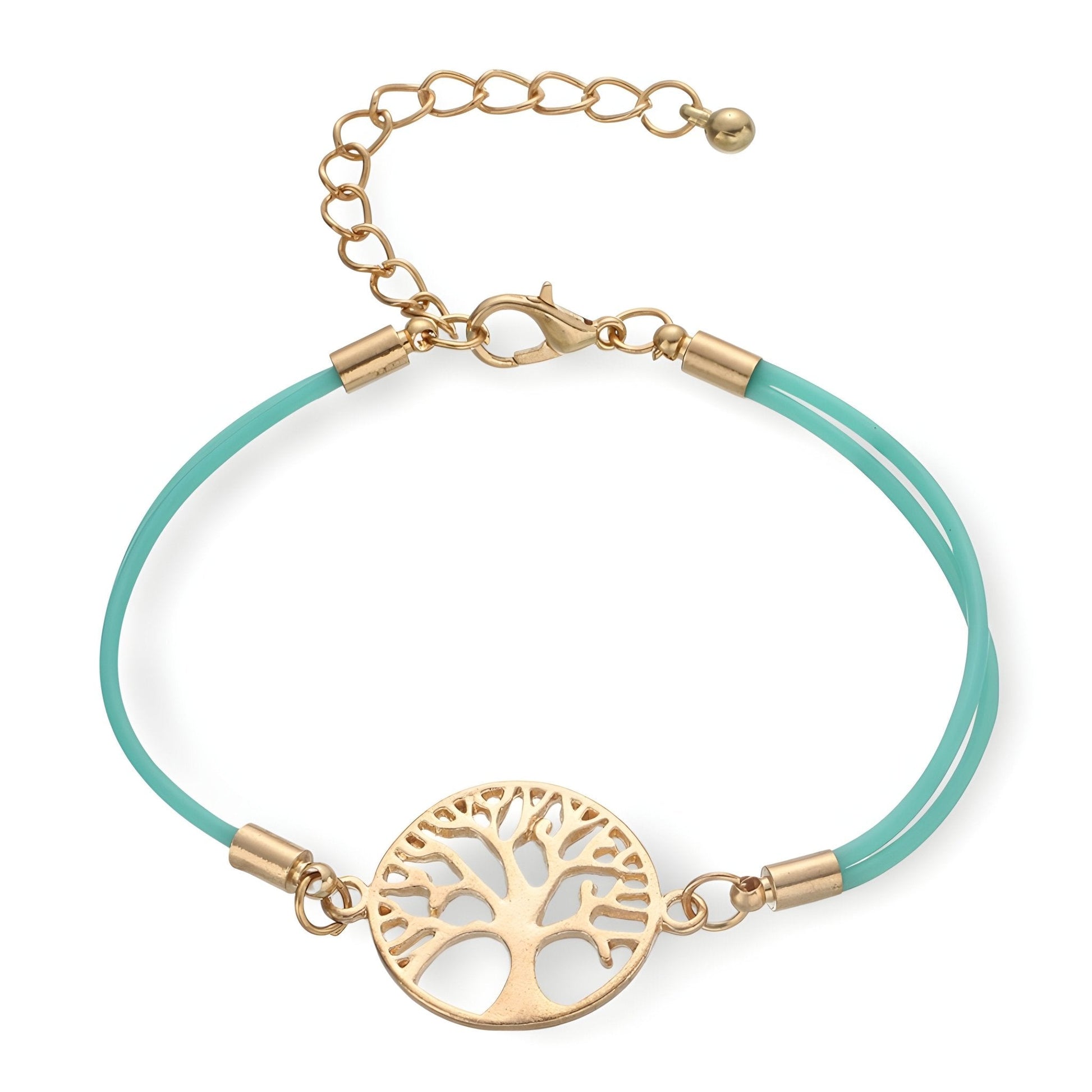 Bracelet cordon turquoise avec pendentif arbre de vie doré et fermoir réglable.