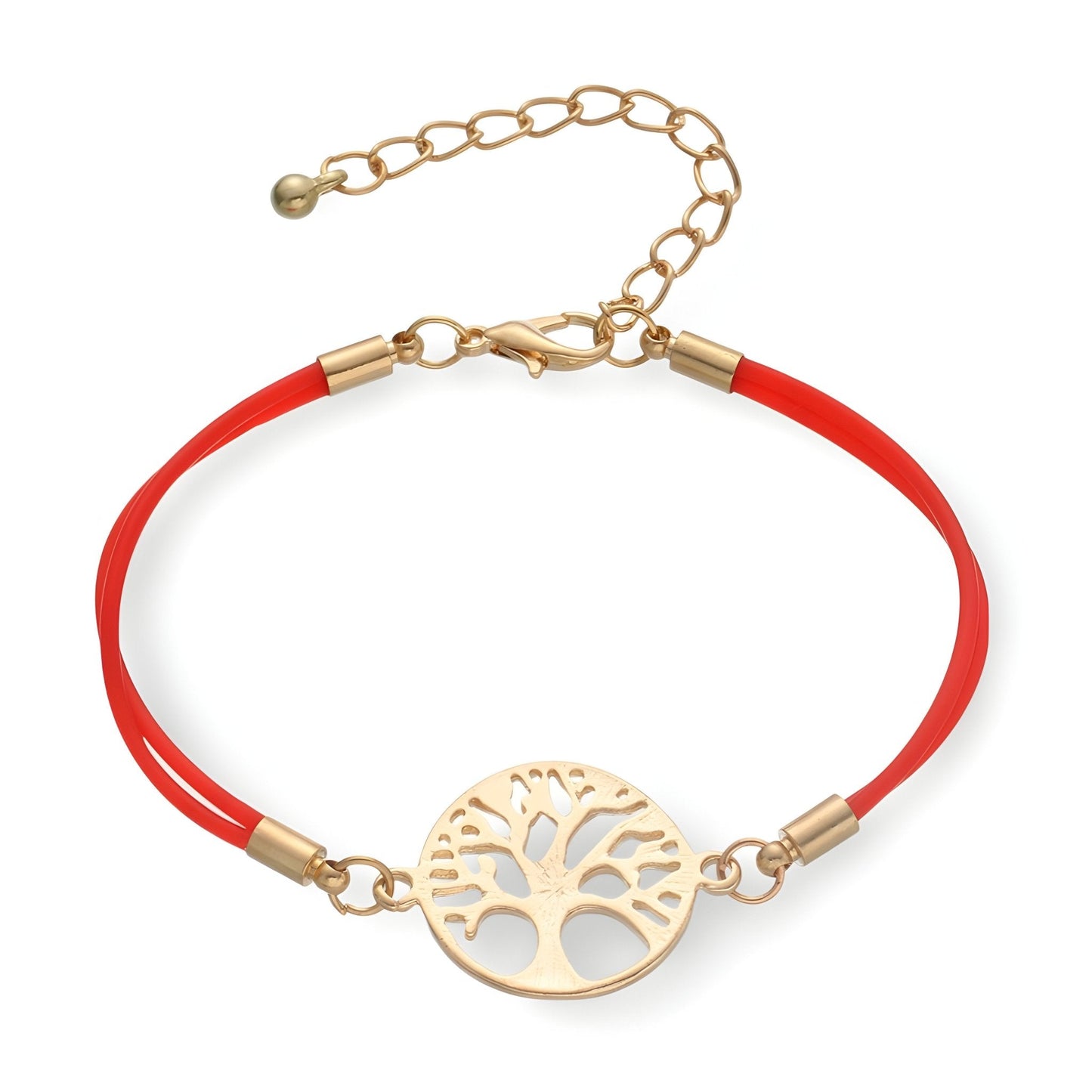 Bracelet cordon rouge avec pendentif arbre de vie en métal doré et fermoir mousqueton réglable.