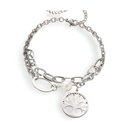 Bracelet double en acier inoxydable argenté avec pendentif arbre de vie et perle blanche.