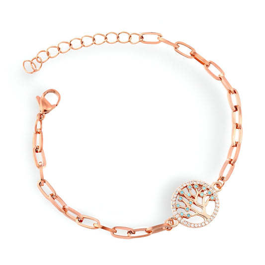 Bracelet en acier inoxydable or rosé avec pendentif arbre de vie cerclé de strass.