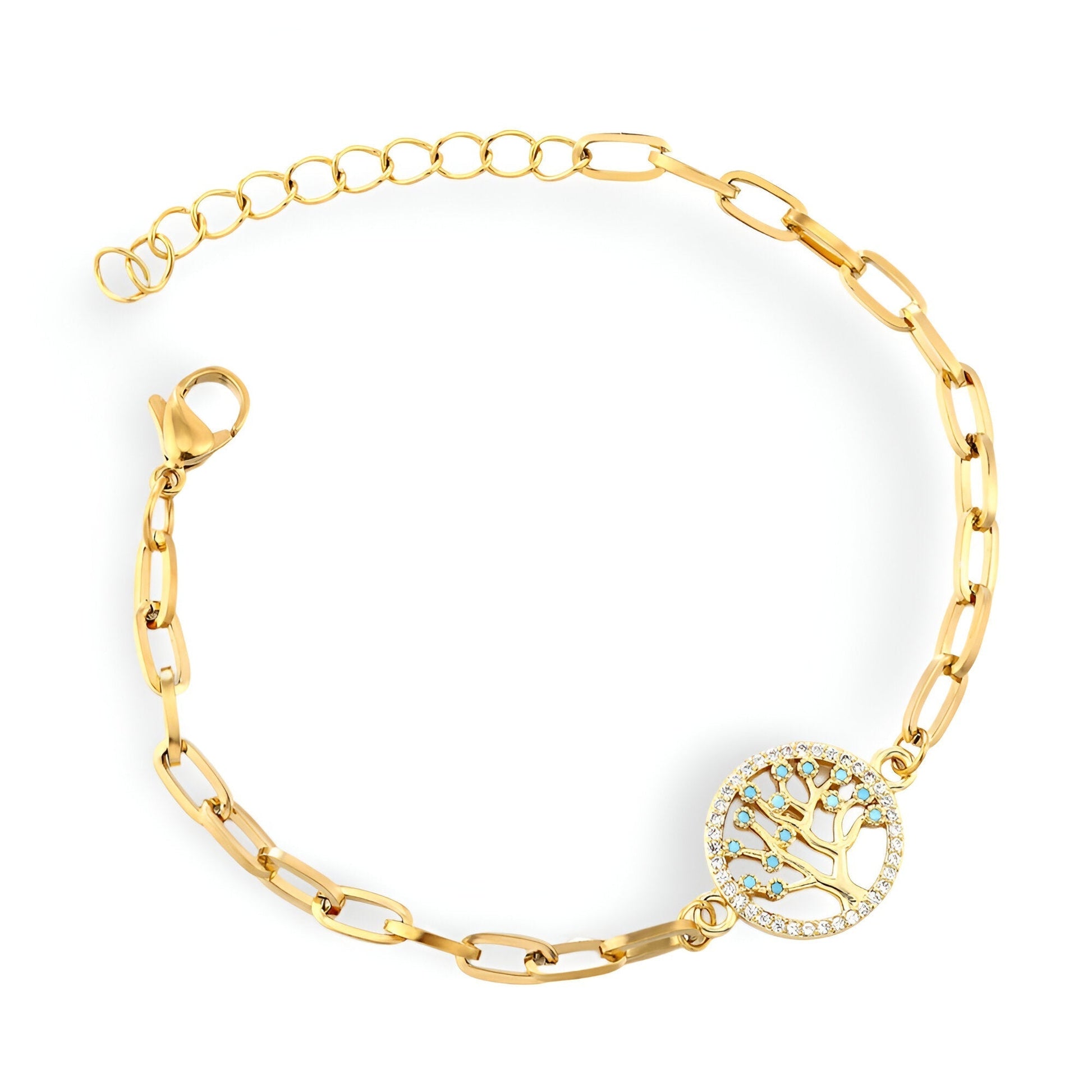 Bracelet chaîne fine en acier doré or rose avec pendentif arbre de vie orné de pierres blanches.