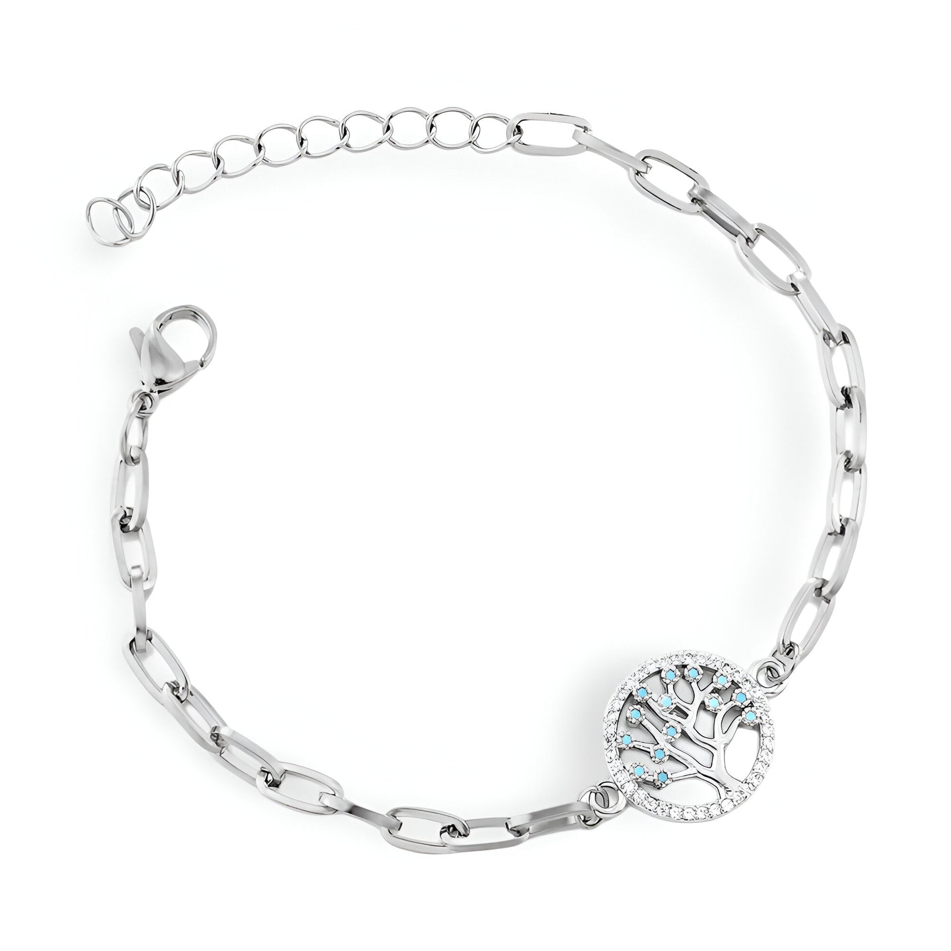 Bracelet en acier inoxydable argenté pour femme avec pendentif arbre de vie et chaîne à maillons allongés.