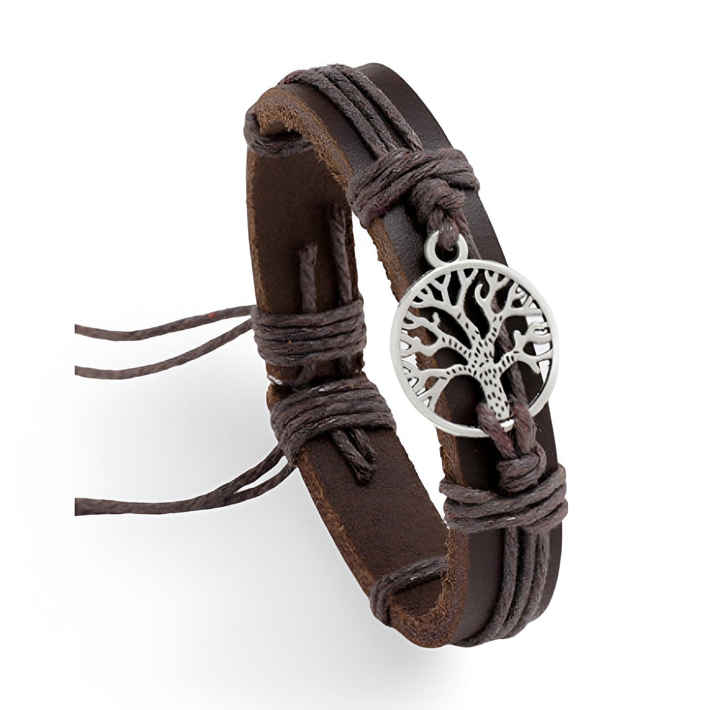 Bracelet en cuir marron avec pendentif arbre de vie en métal argenté, style mixte.