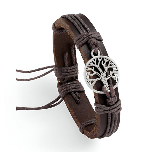 Bracelet en cuir marron avec pendentif arbre de vie en métal argenté, style mixte.