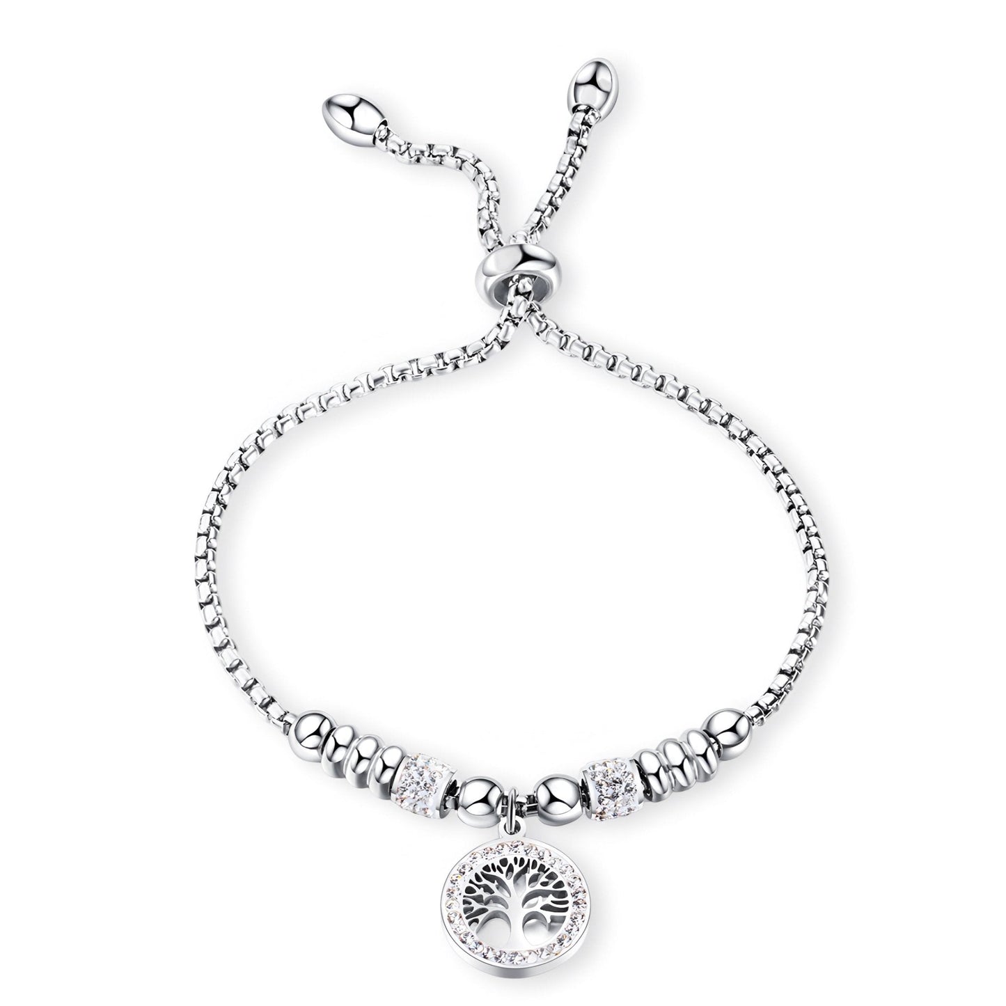 Bracelet en maille argentée avec pendentif arbre de vie en titane orné de zircon synthétique.