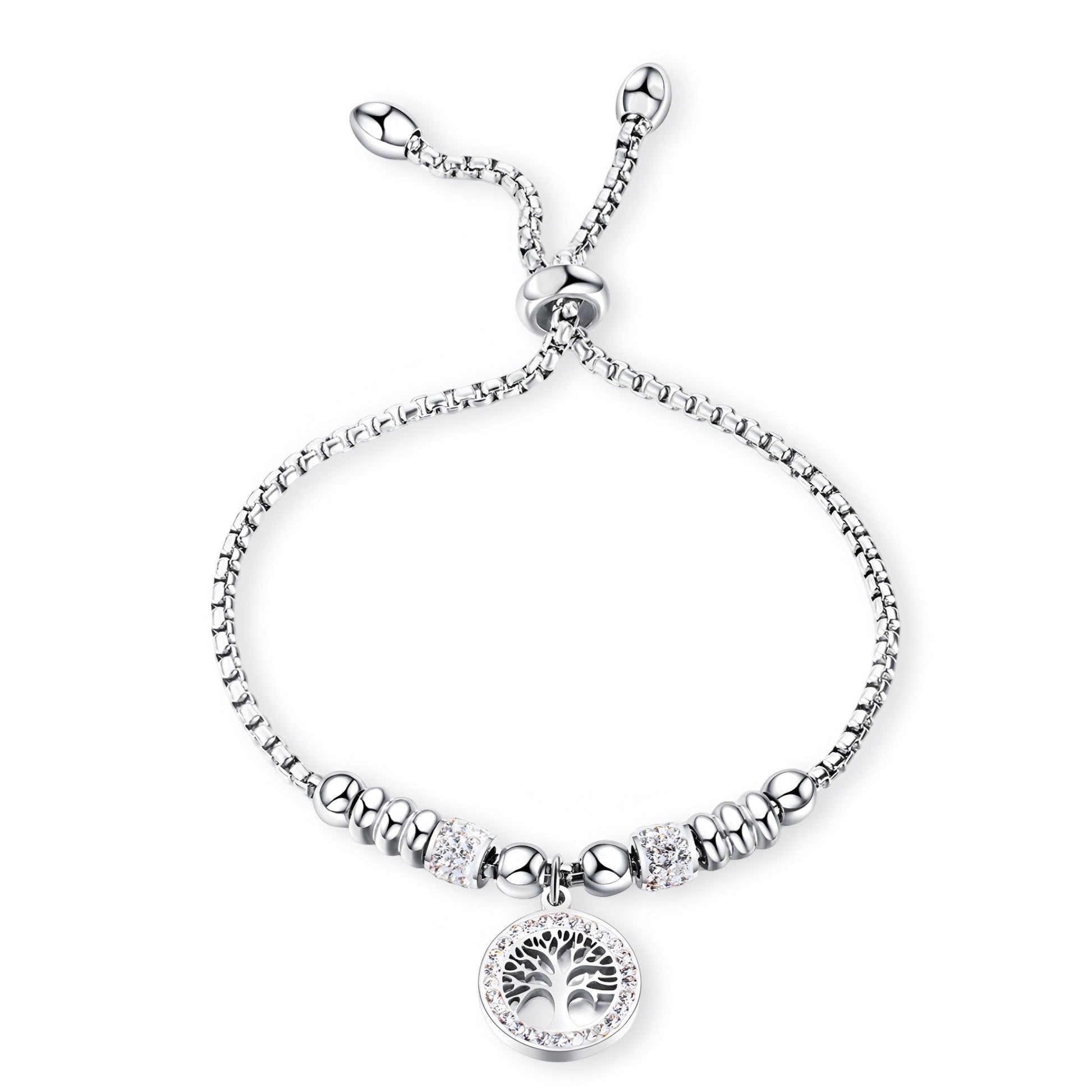 Bracelet en maille argentée avec pendentif arbre de vie en titane orné de zircon synthétique.