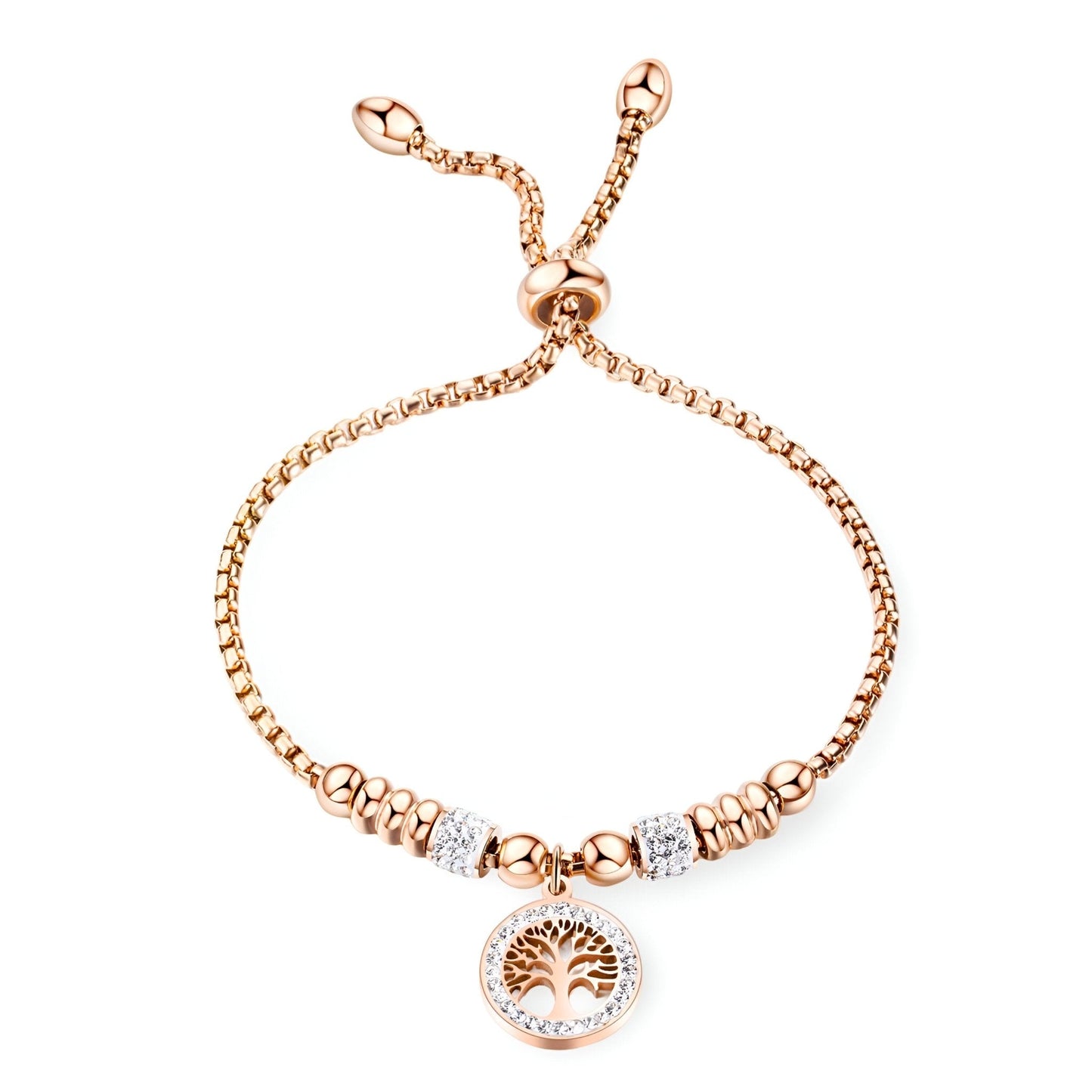 Bracelet or rosé en maille avec pendentif arbre de vie en zircon synthétique brillant.