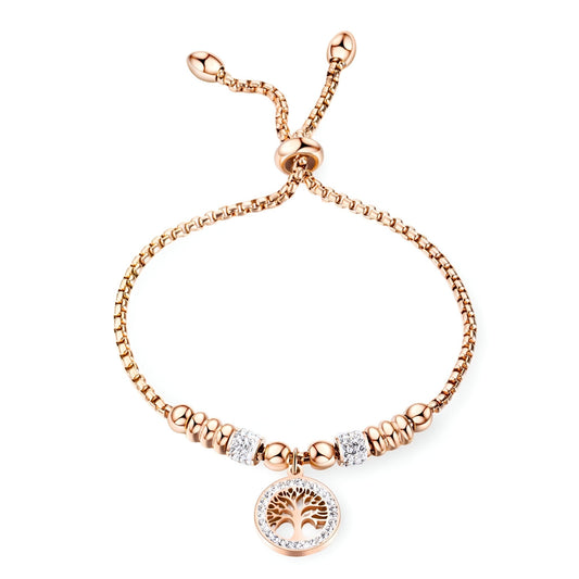 Bracelet or rosé en maille avec pendentif arbre de vie en zircon synthétique brillant.