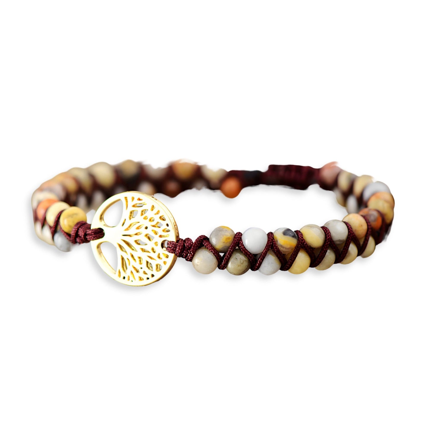 Bracelet femme en pierres de jaspe beige et marron avec pendentif arbre de vie en métal doré.