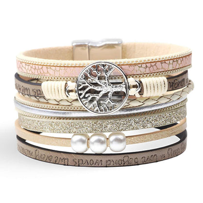 Bracelet multi-rangs en microfibre pour femme, arbre de vie