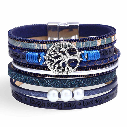 Bracelet multi-rangs en microfibre pour femme, arbre de vie