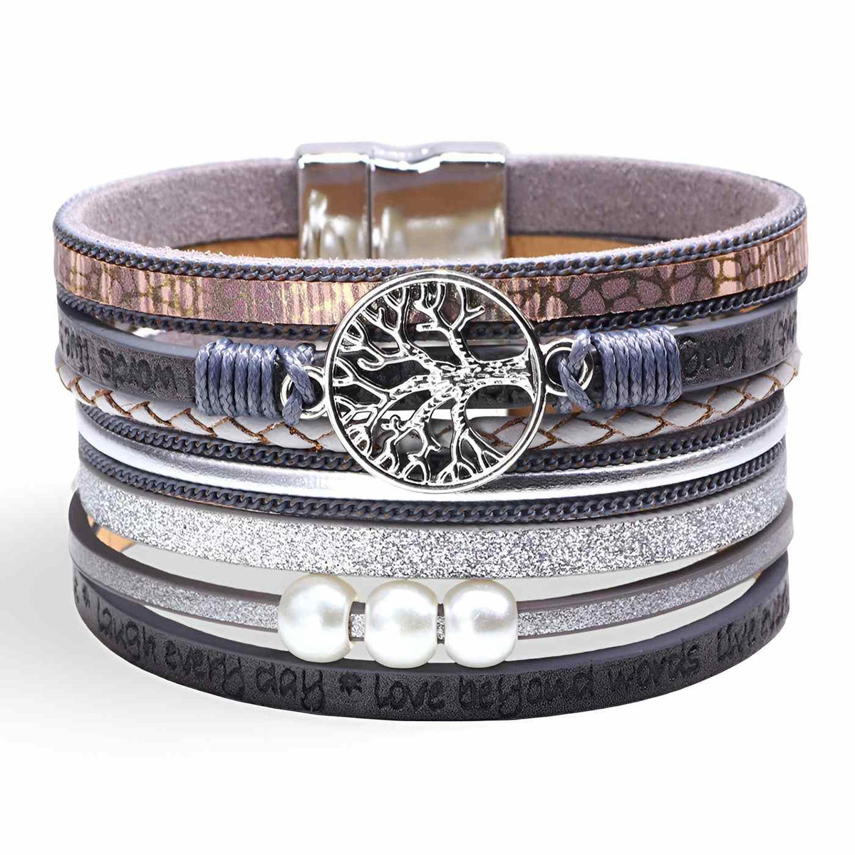 Bracelet multi-rangs en microfibre pour femme, arbre de vie