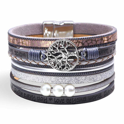 Bracelet multi-rangs en microfibre pour femme, arbre de vie
