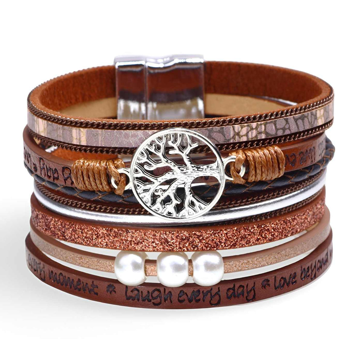 Bracelet multi-rangs en microfibre pour femme, arbre de vie