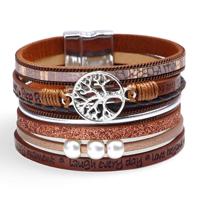 Bracelet multi-rangs en microfibre pour femme, arbre de vie