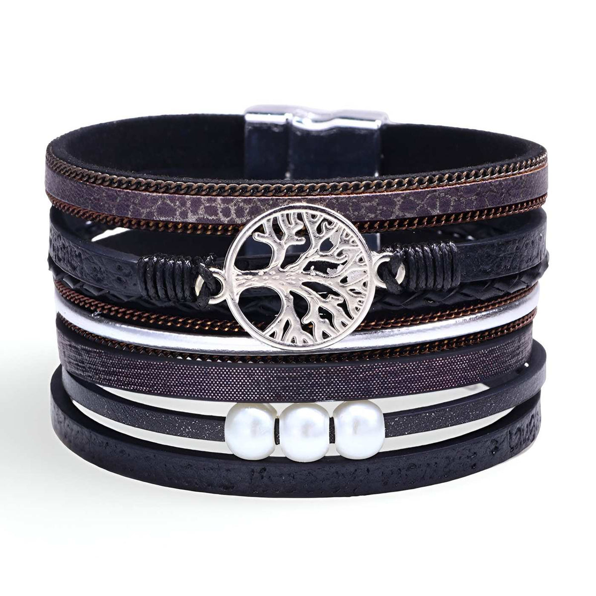 Bracelet multi-rangs en microfibre pour femme, arbre de vie