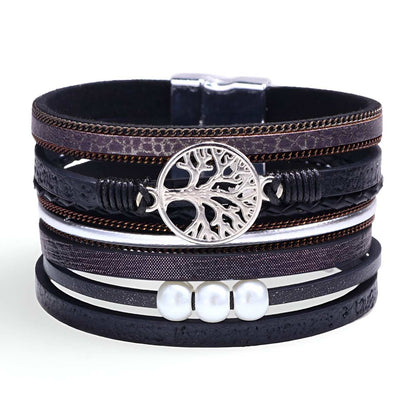 Bracelet multi-rangs en microfibre pour femme, arbre de vie
