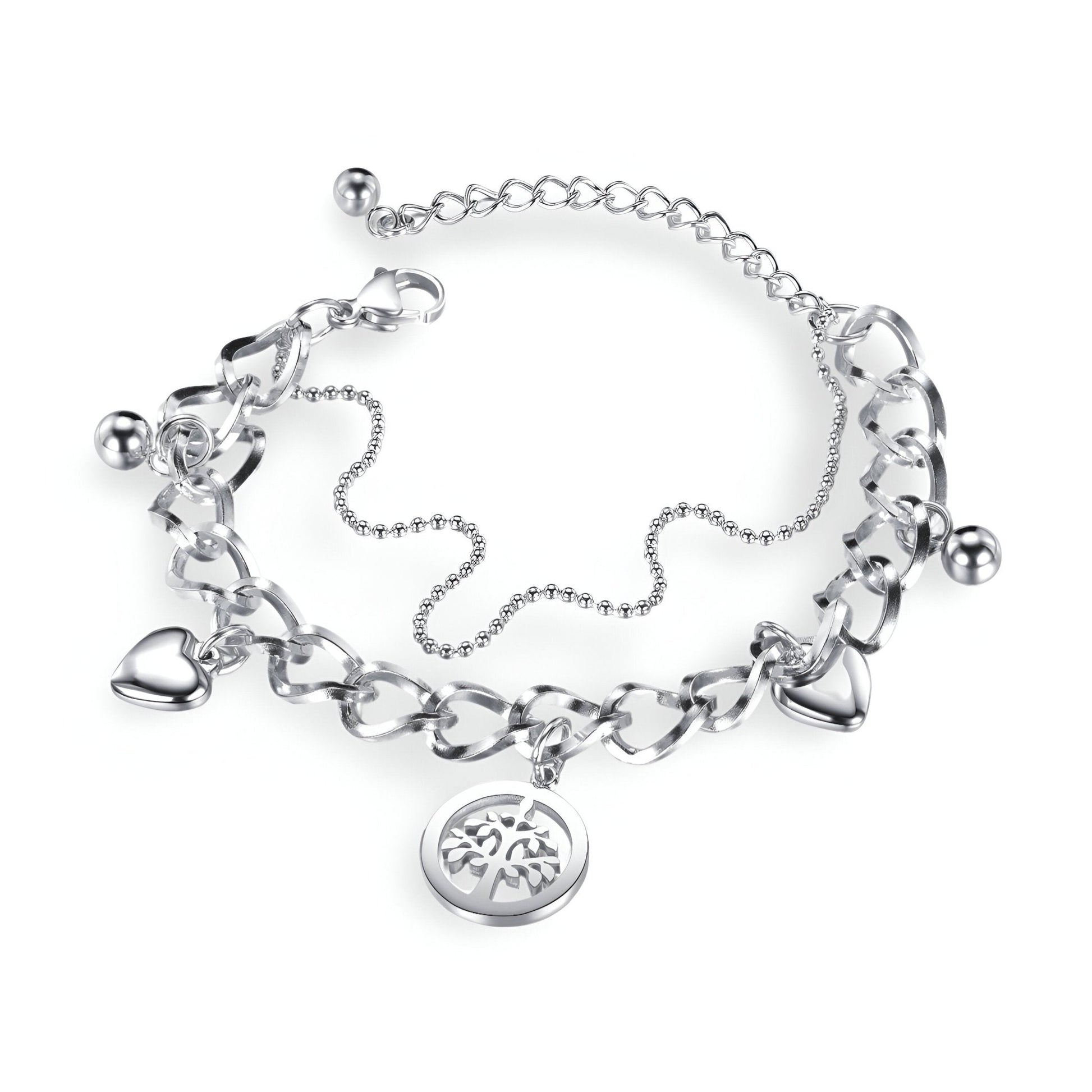 Bracelet femme en acier inoxydable argenté avec pendentifs cœur et arbre de vie, chaîne maille large.