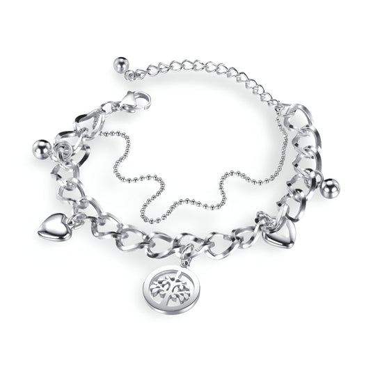 Bracelet femme en acier inoxydable argenté avec pendentifs cœur et arbre de vie, chaîne maille large.