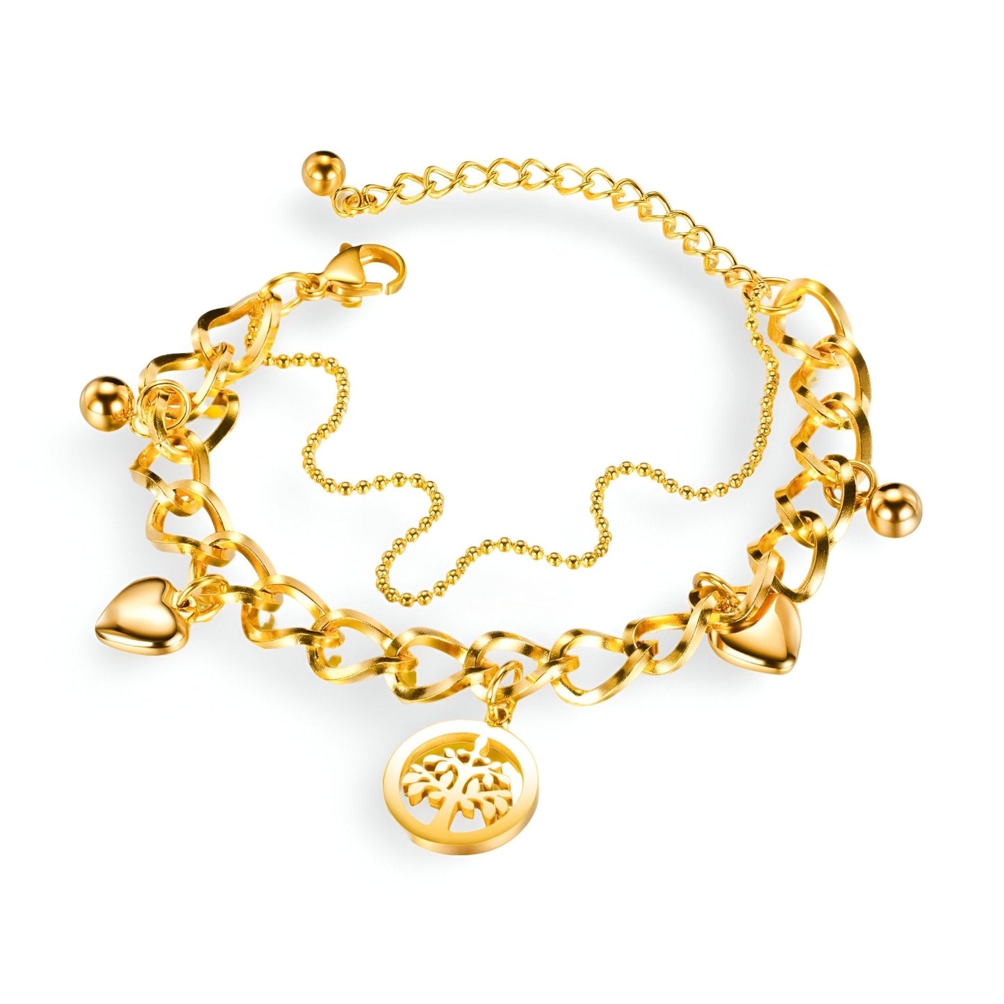 Bracelet chaîne doré en acier inoxydable avec pendentifs cœurs et arbre de vie.