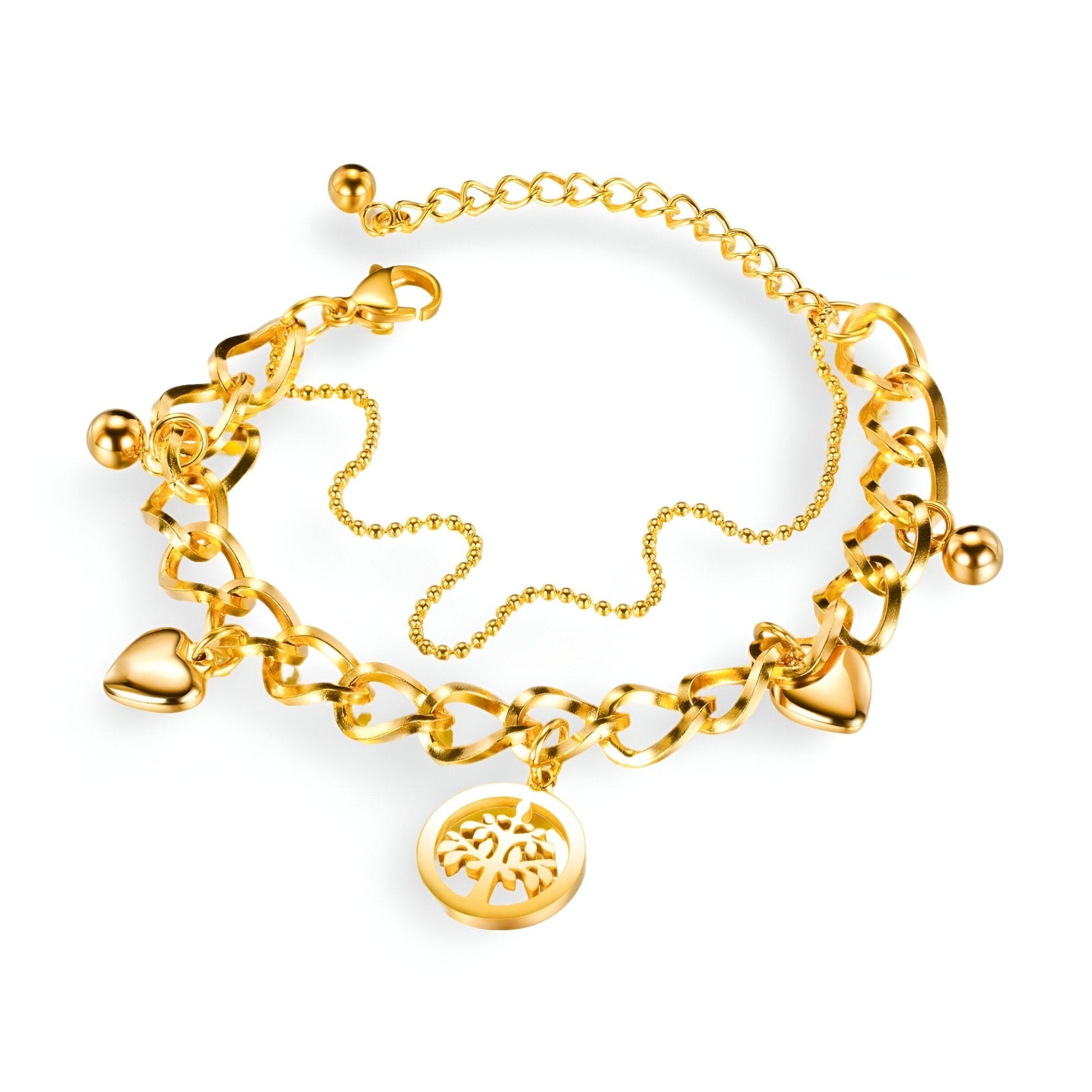 Bracelet chaîne doré en acier inoxydable avec pendentifs cœurs et arbre de vie.
